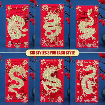 Red Envelopes Chinese New Year Dragon 2024, Lunar New Year of the Dragon Envelope Large Interoffice Envelopes Red Packet Hong Bao with 6 Different Gold Embossed Patterns (18 Pcs 6.69*3.54in)