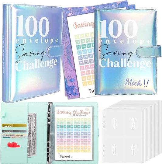 Axolotl 100 Envelopes Money Saving Challenge Binder, A5 Savings Budget Challenges Binders with Cash Envelopes, 100 Days Envelope Saving Binder Book, Budget Planner (Laser Blue)