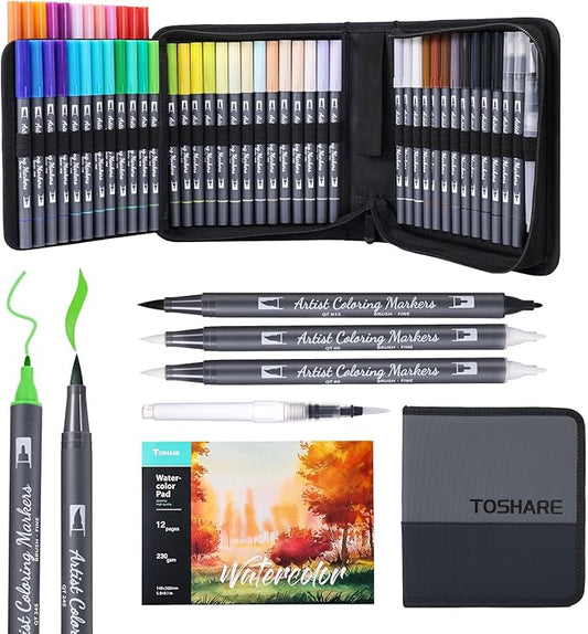 Watercolor Pens Set, 48-Color Dual Tip Paint Markers, Water-Based Coloring Markers with 1 Aquapen, 2 Colorless Blenders, 1 Black Marker, and 12-Page Pad, Art Supplies for Artists & Beginners