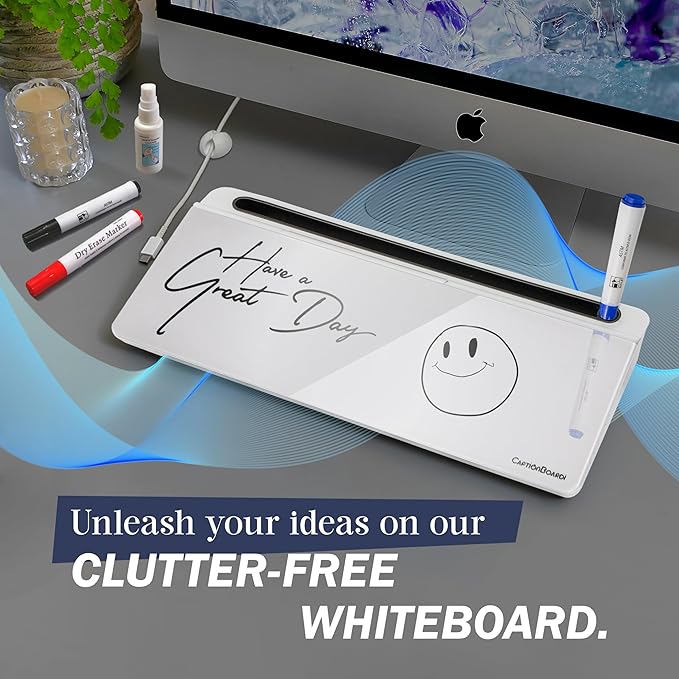 15-Inch Desktop Whiteboard - Glass Dry Erase Board for Desk Whiteboard with Stand with 3 Markers, Spray Bottle, 3 Cable Holders & Storage Box Work from Home Office Gadgets, White