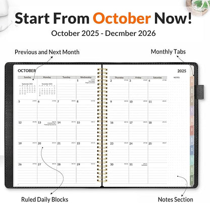 SUNEE 2026 Weekly & Monthly Planner 9"x11.2"- 12 Month (January 2026 - December 2026), Vegan Leather Cover, Pocket, Bookmark, Notes, Monthly Tab, Black