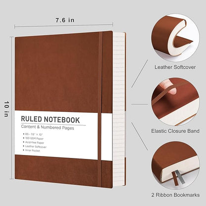 RETTACY Journaling Notebooks, B5 Lined Journal Notebook with 320 Numbered Pages, 7.6" × 10", Medium Size, Journal Notebook for Writing, Work, School, Leather Softcover, 100 GSM Thick Paper (Brown)