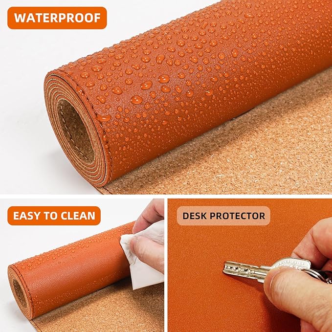 Leather Desk pad Protector, Large Desk mat with Natural Cork & PU Leather,Mouse pad,Non-Slip Office Desk Mat,Waterproof Desk Writing Pad for Office and Home (35in*17in, Orange)