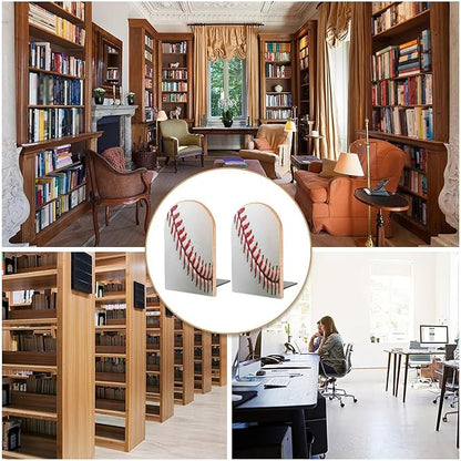 Sport Ball Baseball Lace Wooden Large Book Ends Bookends for Shelves, 2 Pack Non-Skid Bookends for Heave Books, Book Stoppers Holders for Kitchen Office Library, 6.7x4.7x3.9in