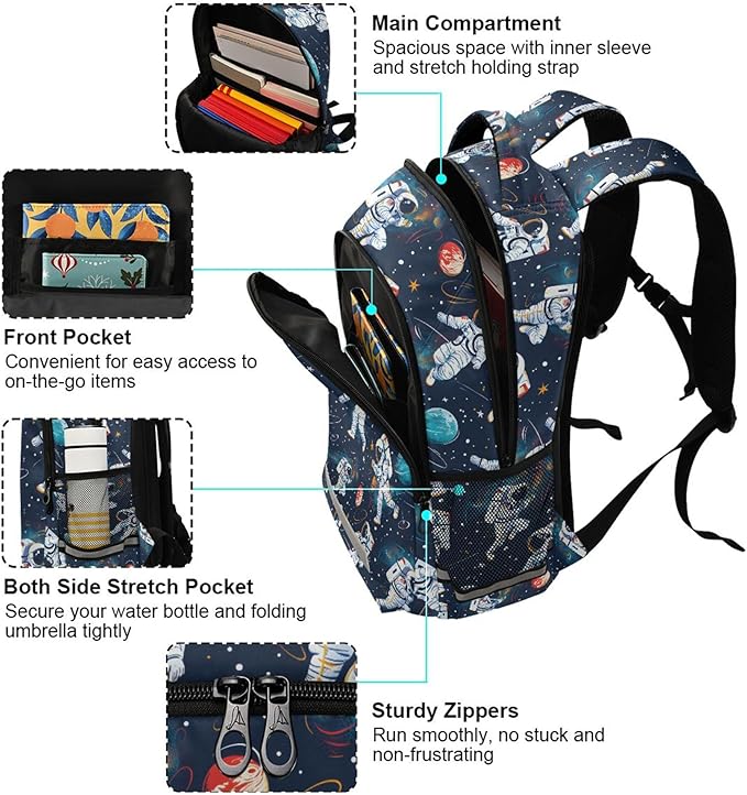 Laptop Backpack with Chest Strap, Astronauts and Space Motifs School Backpack, Travel Hiking Backpack for Boys Girls Teen Adult, Rucksack, Knapsack