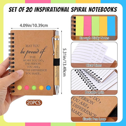 20 Sets Employee Appreciation Gifts Inspirational Spiral Notebooks with Sticky Notes Notepads Motivational Bamboo Ballpoint Pens for Nurse Coworker Teacher (MAY YOU)