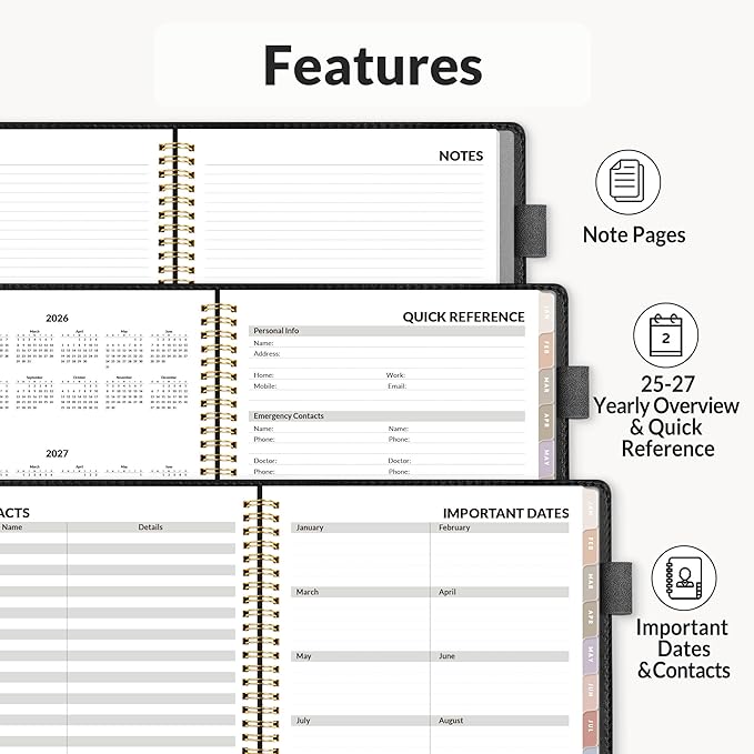 SUNEE 2026 Weekly & Monthly Planner 9"x11.2"- 12 Month (January 2026 - December 2026), Vegan Leather Cover, Pocket, Bookmark, Notes, Monthly Tab, Black