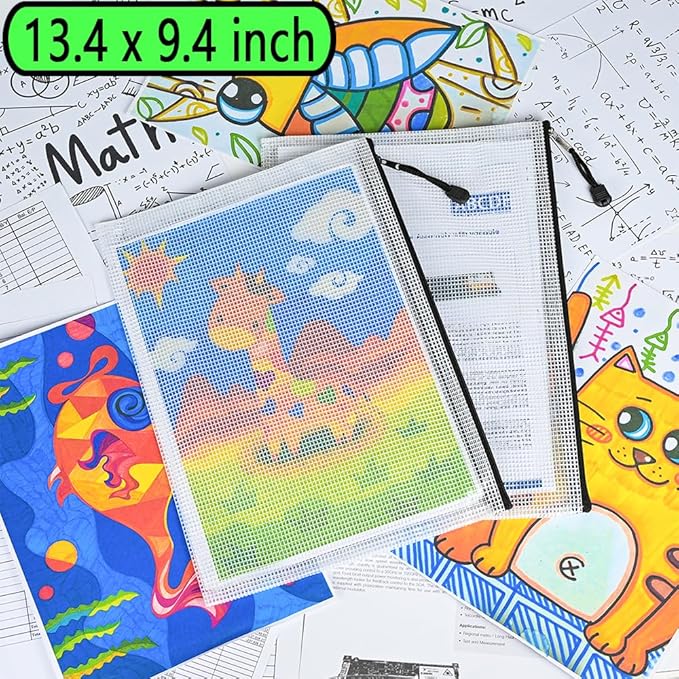 AUSTARK 10 Pcs Zipper File Bags, Waterproof Plastic Mesh Pouch for Office School, Board Game Storage Bags (Multi-Size, White and Black)