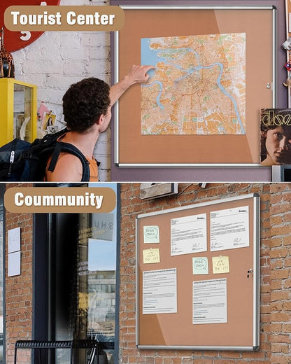 38"x38" Enclosed Bulletin Board, Lockable Weather-Resistant Aluminum Cork Noticeboard for School & Office, Silver Frame w/Cork