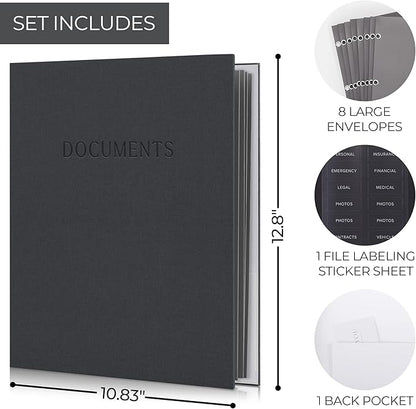 Aesthetic Document Organizer - Sturdy Linen 3-Ring Binder Safely Stores All Your Important Documents and Files in One Place - Easy to Use Expanding Storage Folder Incl. Envelopes, Pockets & Labels
