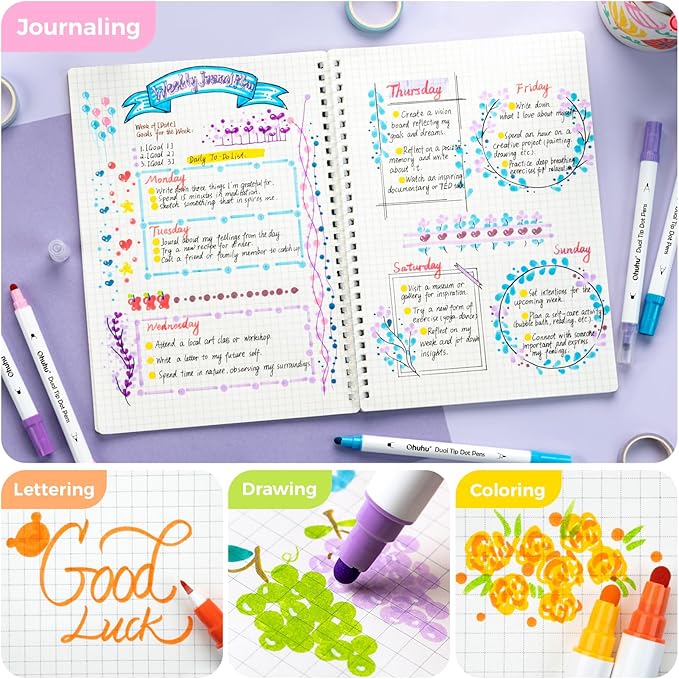 Ohuhu Journal Pens 24 Colors Dot Markers Pens Dual Tips (Calligraphy Brush & Dot) for Adults Water-based Metallic & Regular Colors Dot Pens for Lettering Journal Scrapbooking Coloring Markers - Kumimi