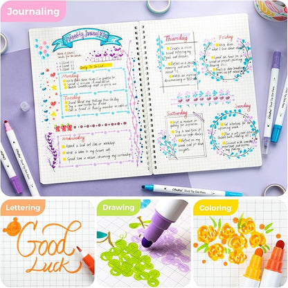 Ohuhu Journal Pens 24 Colors Dot Markers Pens Dual Tips (Calligraphy Brush & Dot) for Adults Water-based Metallic & Regular Colors Dot Pens for Lettering Journal Scrapbooking Coloring Markers - Kumimi
