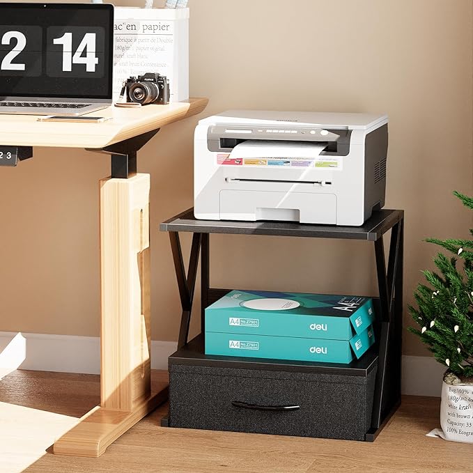 aboxoo Printer Stand for Desk with Storage Drawer, 2 Tier Desktop Or Under Desk Shelf, Multi-Purpose Desk Organizer for Home Office, fit Fax Machine/3D Printer/Scanner, Black