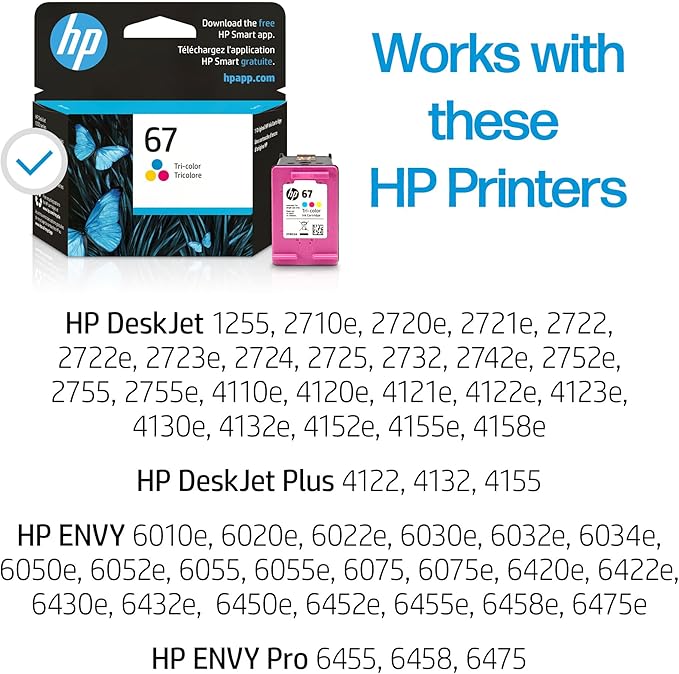 HP 67 Tri-color Ink Cartridge | Works with HP DeskJet 1255, 2700, 4100 Series, HP ENVY 6000, 6400 Series | Eligible for Instant Ink | 3YM55AN