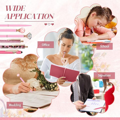 6 Pcs Ballpoint Pens Set Metal Crystal Diamond Pen for Journaling Glitter Pretty Cute Stationery Black Ink Fancy Gifts for Women Girls Teacher Office Wedding School Supplies(Pink Series)