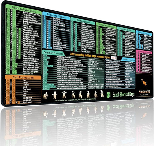 Excel Shortcut Kyes Mouse Pad,Large XL Excel Cheat Sheet Desk Pad,Pc Office&Gaming Keyboard Mat, Non-Slip Spreadsheet Shortcuts Mousepad 31.5" x 11.8"