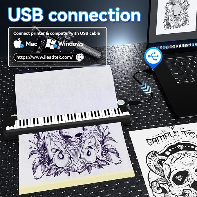 P90-Pino Wireless Tattoo Stencil Printer, Thermal Tattoo Machine with Inkless Tech, Inspired by Piano Design Portable Tattoo Printer Kit Compatible with Phone, Pad & PC