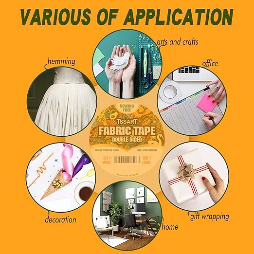 Fabric Tape - Double-Sided, Strong Adhesive Cloth Tape, No Sewing or Ironing, Gluing, Alterations and Hemming - 1/2inch Wide, 180FT Long