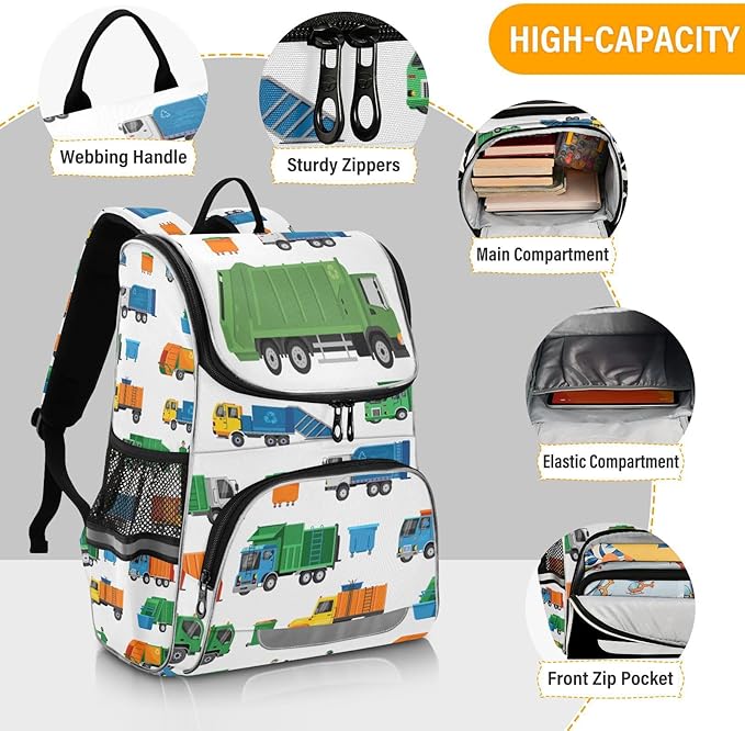 Garbage Trucks Backpack with Reflective Strip for Kids Boys Girls Elementary School Bag Removable Chest Strap