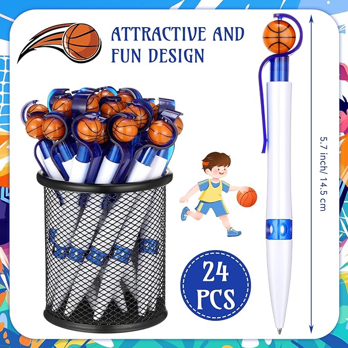 Zhanmai 24 Pcs Novelty Basketball Pens Sports Ballpoint Pens Basketball Party Favors Desk Cool Writing Tool for Students Supplies Stationery School Office Decor(Blue, White,Basketball)