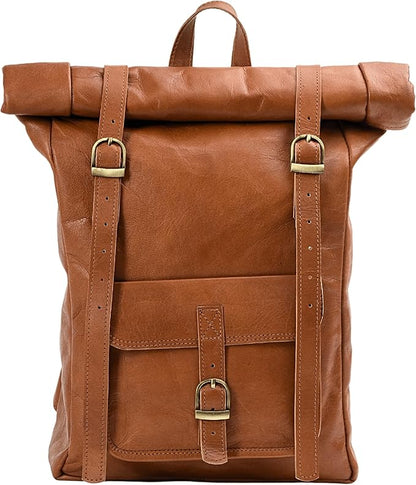 Genuine Leather Backpack for Men & Women, Rolltop Laptop Bookbag, Vintage Back Pack Rucksack for work & travel, Brown (Tan)