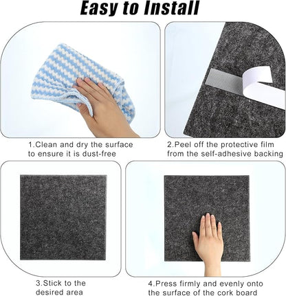 Large Cork Board 36" x 24", 6 Pack Felt Wall Tiles with Colored 30 Pcs Pushpins, Bulletin Board with Removable Self-Adhesive Strips, Pin Board Cork Boards for Walls Office Home-Dark Gray