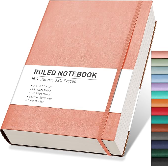RETTACY Journaling Notebooks, A4 Lined Notebook Journal with 320 Pages, 8.5" × 11", Large Size, Notebook Journal for Work, School, Writing, Leather Softcover, 100 GSM Thick Paper (Pink)