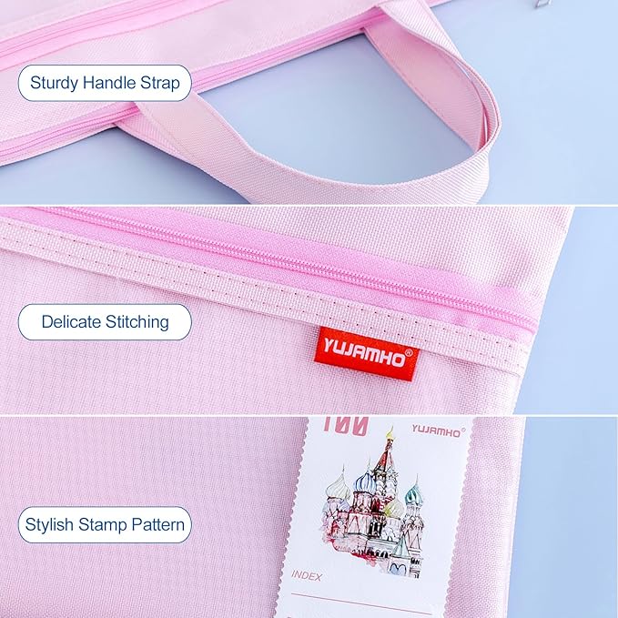 pendancy Mesh Zipper Pouch 11x13.7 in, 2 pcs Large Double Pocket Waterproof File Bag with Handle, A4 Size Foldable Document Storage for Puzzle Project/Cross Stitch/Travel/Office（Blue Pink）