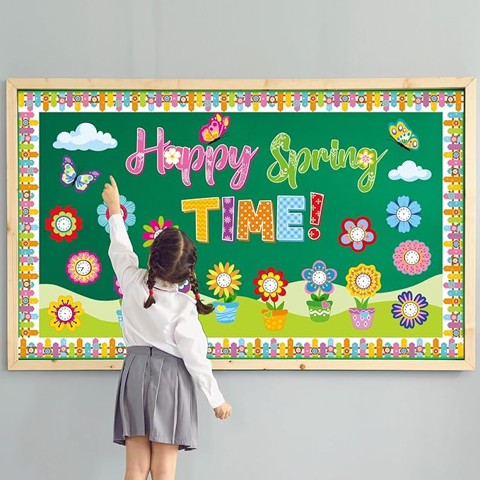 Kosiz Spring Clock Bulletin Board Decorations Set Flower Pot Butterfly Time Learning Paper Cutouts Happy Spring Time Classroom Decorations with Fence Borders for School Wall Chalkboard Door Home