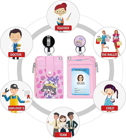 Cute ID Badge Holder Retractable Lanyard Reel Clip with Heavy Duty Carabiner,5 Card Slots in2 Sided with Key Ring and Zipper for Students Teens Boys Girls Office Staff Women (Purple Girl)