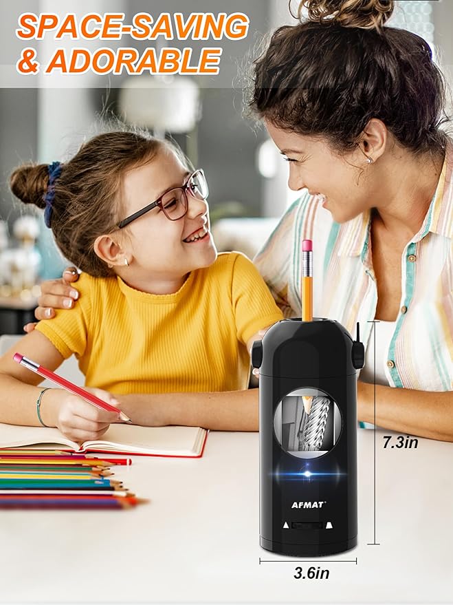 AFMAT Electric Pencil Sharpener for Colored Pencils 7-11.5mm, Robot Pencil Sharpener, Fully Automatic Rechargeable Hands-Free Pencil Sharpener for Large Pencils, Home, Classroom, Battery Operated