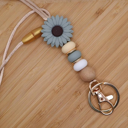 Flower Teacher Lanyards ID Badge and Key Chain, Cute Silicone Beads Lanyard for Women Nurse Work Student (Green)