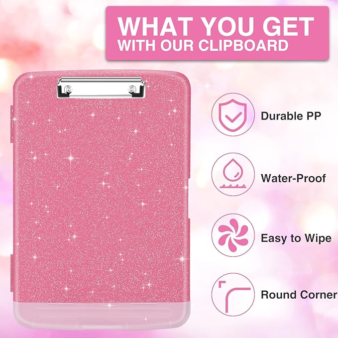 Sooez Glitter Clipboard with Storage, High Capacity Storage Clipboard with Pen Holder, Cute Clip Boards 8.5x11 with Low Profile Clip, Sparkle Plastic Clipboard Case Box for Women & Kids, Side Opening
