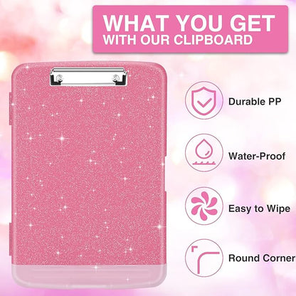 Sooez Glitter Clipboard with Storage, High Capacity Storage Clipboard with Pen Holder, Cute Clip Boards 8.5x11 with Low Profile Clip, Sparkle Plastic Clipboard Case Box for Women & Kids, Side Opening