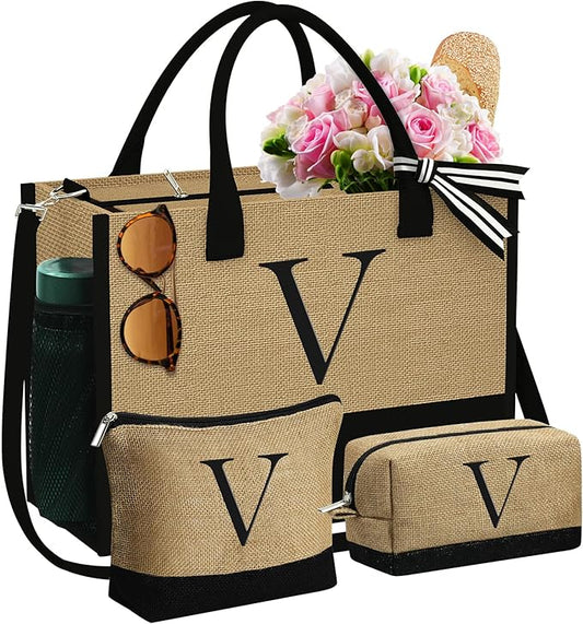 YOOLIFE Christmas Gifts for Women - Initial Jute Tote Bag & 2 Makeup Bags Birthday Gifts for Women Mom Teacher Friend Sister