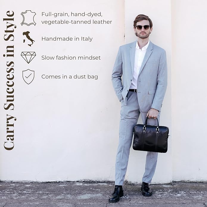 Time Resistance Leather Briefcase - Italian Full Grain Leather Bag - Genuine Leather Laptop Bag - Briefcase for Men and Women