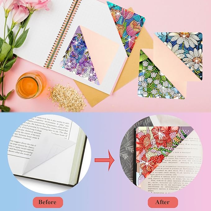 Diamond Art Painting Bookmarks,8Pcs DIY Cute Diamond Art Kits for Adults, Corner Bookmarks Small Crafts Kit for Women Book Lovers (Flower)