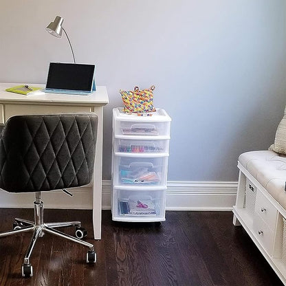 HOMZ 4-Drawer Plastic Storage Cart Organizer with Removable Wheels, White Frame