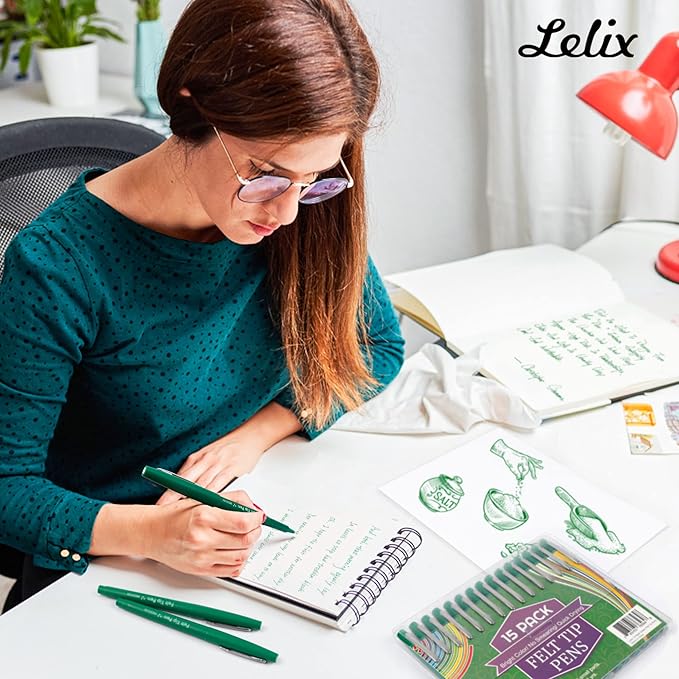 Lelix Felt Tip Pens, 30 Green Pens, 0.7mm Medium Point Felt Pens, Felt Tip Markers Pens for Journaling, Writing, Note Taking, Planner, Perfect for Art Office and School Supplies