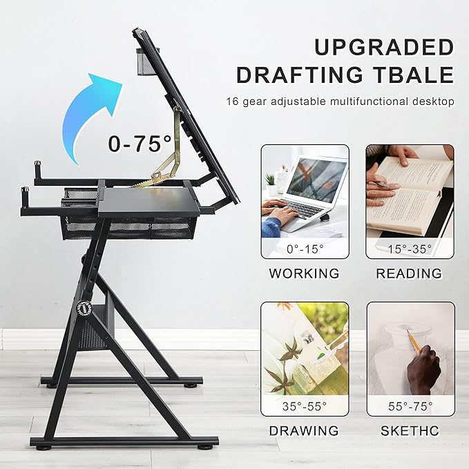 LifeSky Drafting Table Adjustable for Artists - Art Drawing Desk with Storage for Painting Sketching - Glass Top for Painters Illustrators Cartoonists Black