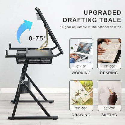 LifeSky Drafting Table Adjustable for Artists - Art Drawing Desk with Storage for Painting Sketching - Glass Top for Painters Illustrators Cartoonists Black