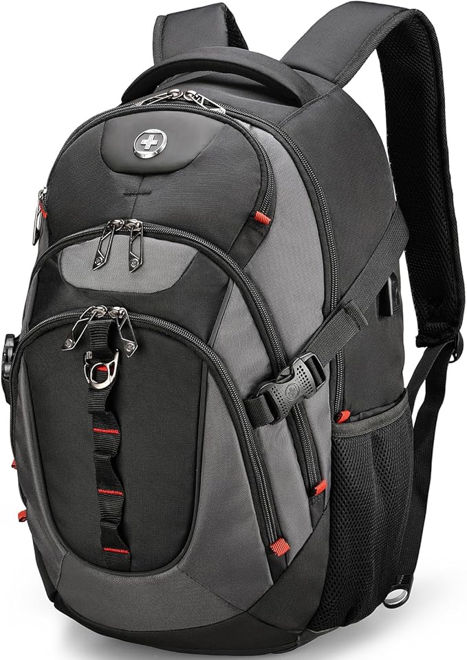 Swissdigital Design Large Business Laptop Backpack with Smart USB Charging Port, Travel Backpack Fits 15.6 inches laptops, Water Repellent College Backpack for Men Women (VECTOR SD803-02 Black/Grey)