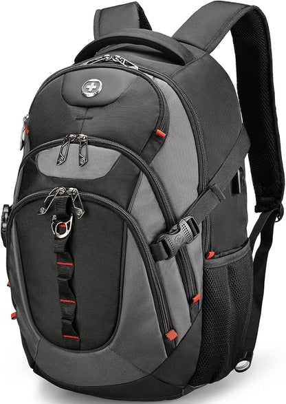 Swissdigital Design Large Business Laptop Backpack with Smart USB Charging Port, Travel Backpack Fits 15.6 inches laptops, Water Repellent College Backpack for Men Women (VECTOR SD803-02 Black/Grey)