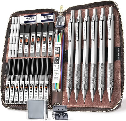 30Pcs Metal Mechanical Pencil Set with Leather Case, 0.5/0.7/0.9/2.0mm Art Drafting Pencils, 16 Tubes Graphite Leads(6B 4B 2B HB 2H 4H) with Colored Leads for Sketching Drawing Writing(Silver)