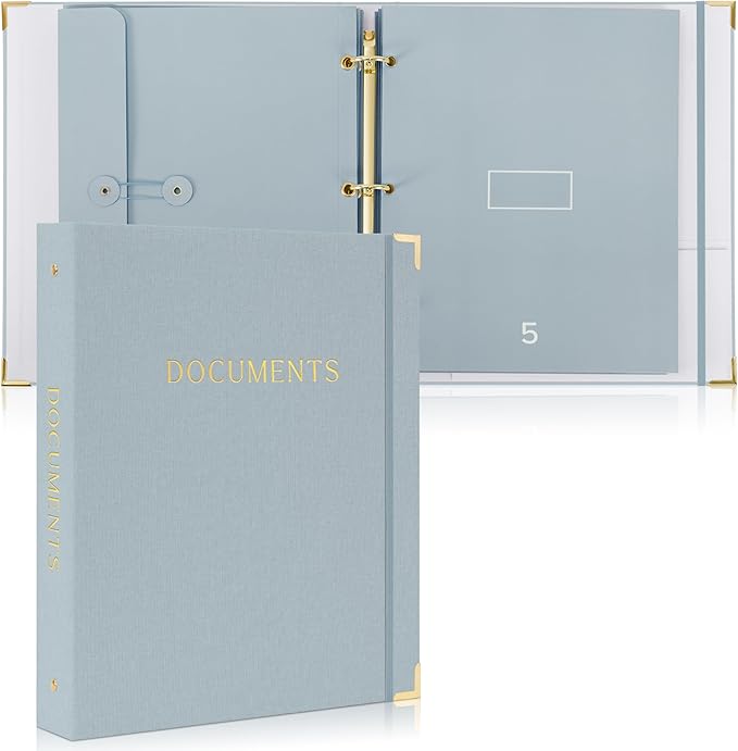 Aesthetic Document Organizer - Sturdy Linen 3-Ring Binder Safely Stores All Your Important Documents and Files in One Place - Easy to Use Expanding Storage Folder Incl. Envelopes, Pockets & Labels