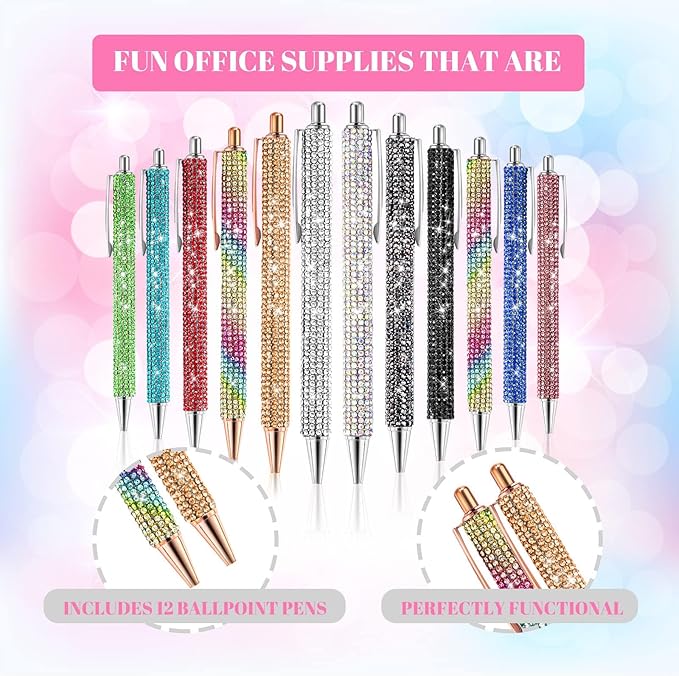 12Pcs Rhinestone Pens Bling Metal Ballpoint Diamond Pens Bulk Fancy Sparkly Crystal Press Retractable Black Ink 0.7mm For Women Office Meeting Birthday Supplies Wedding Gifts(TWELVE COLOR