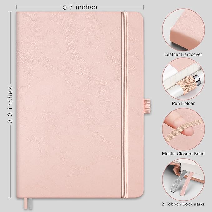 RETTACY Bullet Dotted Journal, A5 Dotted Notebook Journal with 192 Pages, 5.7'' × 8.3'', Medium Size, 100 GSM Thick Paper, Leather Hardcover, Bullet Journaling, Planning (Rose Gold)
