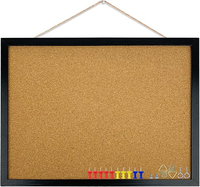 GDMINLO Black Cork Bulletin Board, 17.7 X 13.3 inches with Oak Wood Finish Frame, for Wall Office Home and School (Pins, Eye Bolts, gaskets, Screws)