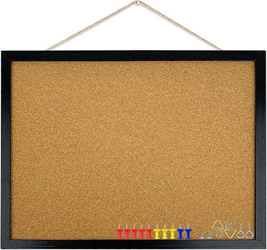 GDMINLO Black Cork Bulletin Board, 17.7 X 13.3 inches with Oak Wood Finish Frame, for Wall Office Home and School (Pins, Eye Bolts, gaskets, Screws)