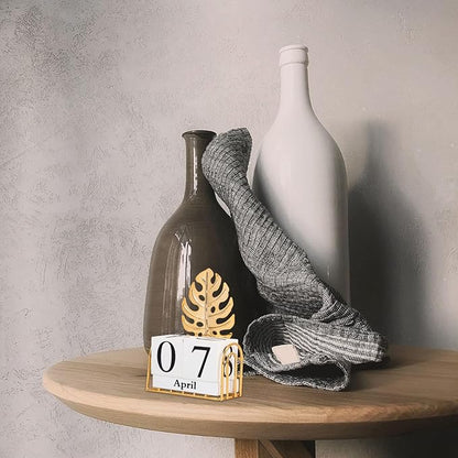 SUPVOX Wooden Block Calendar for Desk Daily Desktop Perpetual Calendar Wood Month Date Display Blocks Farmhouse Desk Accessories for Home Office Decor Reusable Yearly Monstera Leaf Design